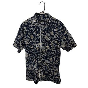 Todd Snyder Shirt Mens Medium Navy Blue Floral Camp Collar Short Sleeve Cotton